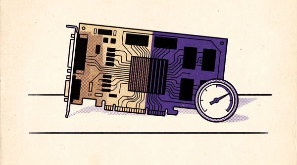 Retro illustration of a graphics card, one side warm and one side cool violet, with a thermometer gauge