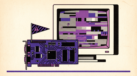 Retro illustration of a graphics card with a warning pennant flag planted on top, a glitchy monitor in the background
