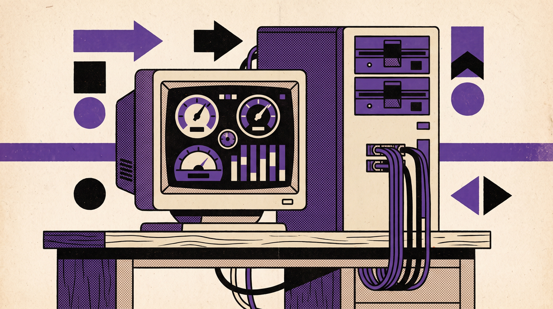 Retro illustration of a CRT monitor showing abstract dashboard gauges beside a computer tower