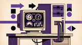 Retro illustration of a CRT monitor showing abstract dashboard gauges beside a computer tower