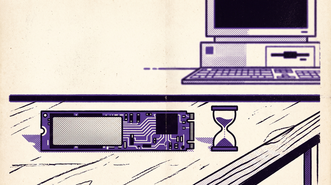 Retro illustration of an M.2 SSD stick beside an hourglass, with a computer tower in the background