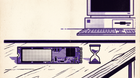 Retro illustration of an M.2 SSD stick beside an hourglass, with a computer tower in the background