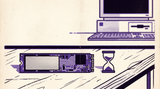 Retro illustration of an M.2 SSD stick beside an hourglass, with a computer tower in the background