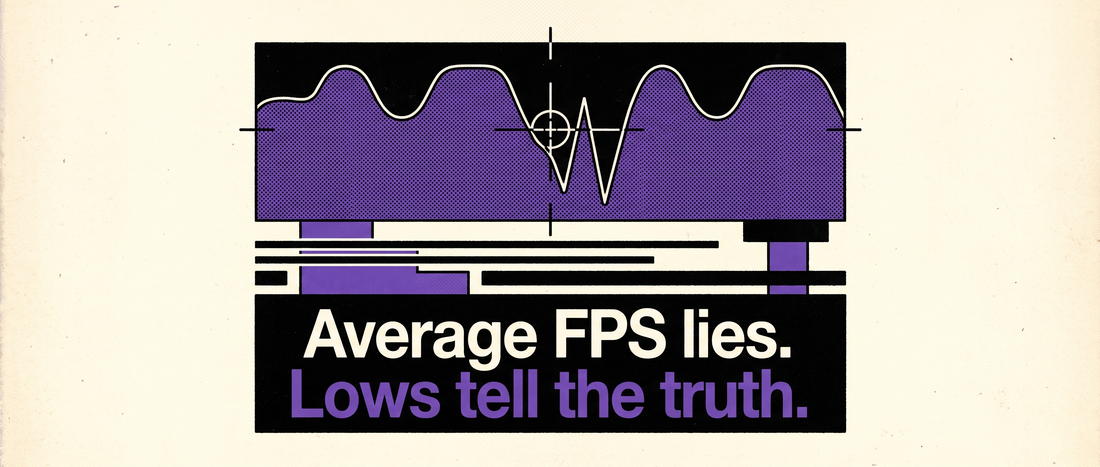 Retro illustration of a frame-rate graph with one sharp jagged dip