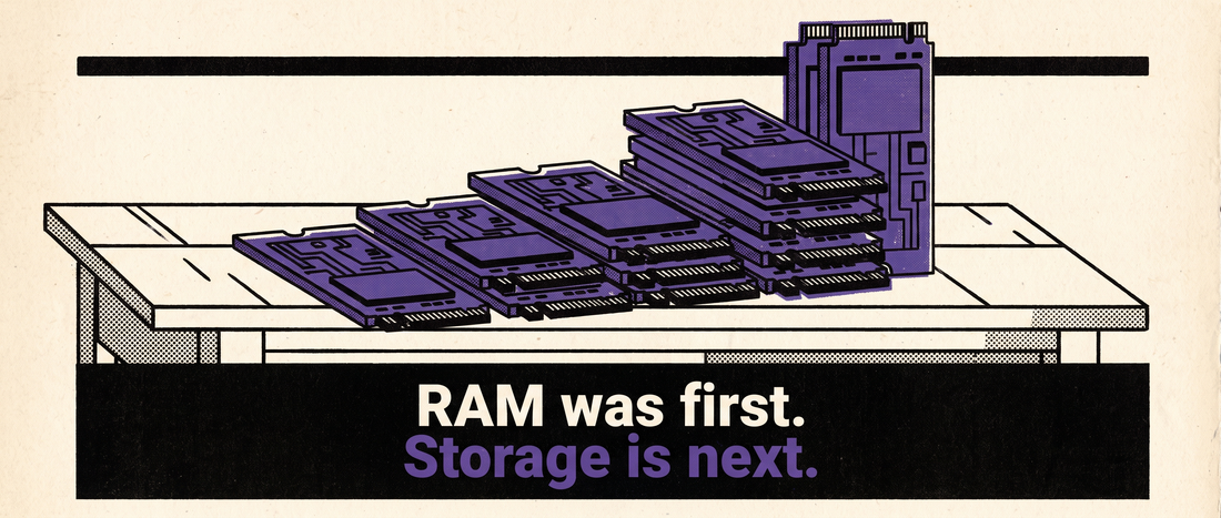 Retro illustration of NVMe SSD drives stacked like rising bar-chart blocks
