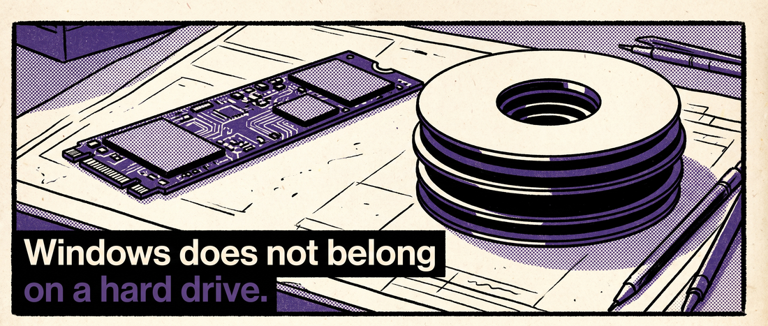 Retro illustration of an M.2 drive beside stacked storage platters