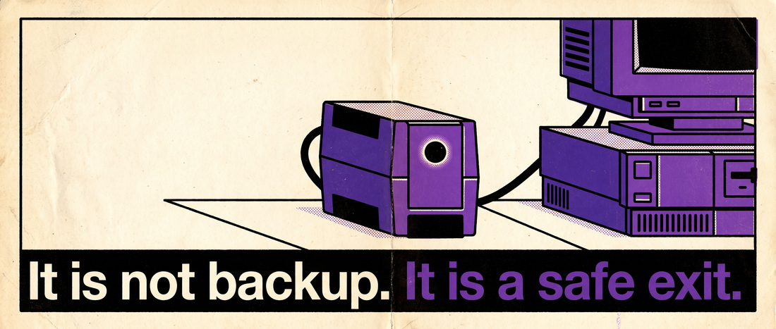 Retro illustration of a UPS unit beside a desktop tower