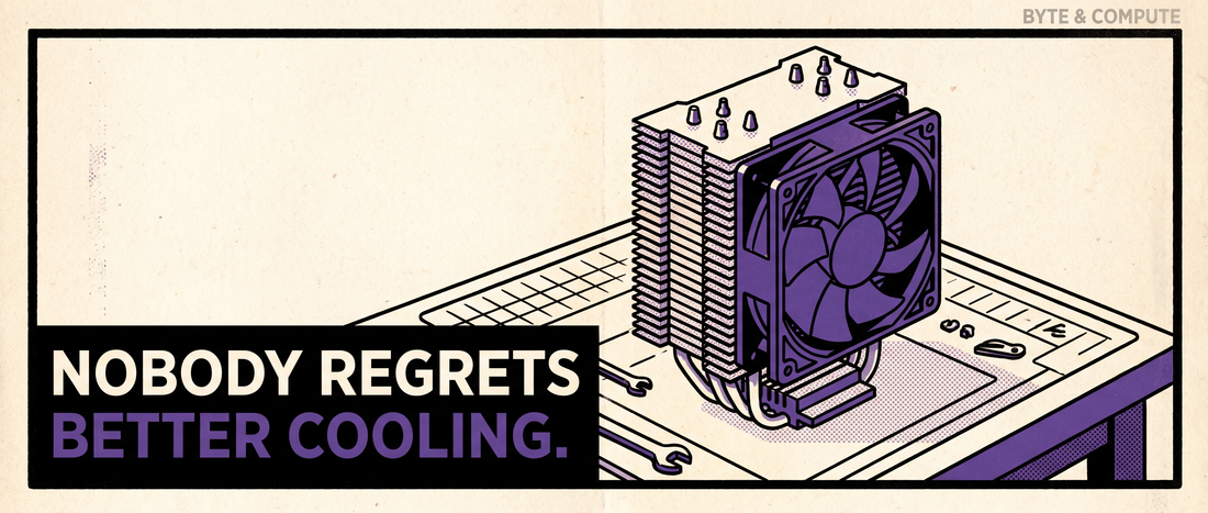 Retro illustration of a tower CPU cooler with stacked fins