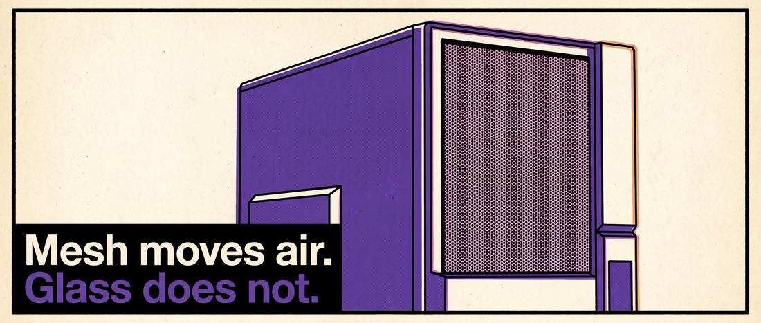 Retro illustration of a desktop tower cabinet with a mesh front