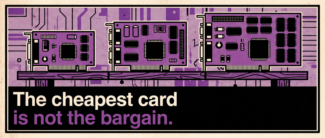 Retro illustration of three graphics cards of increasing size on a shop shelf