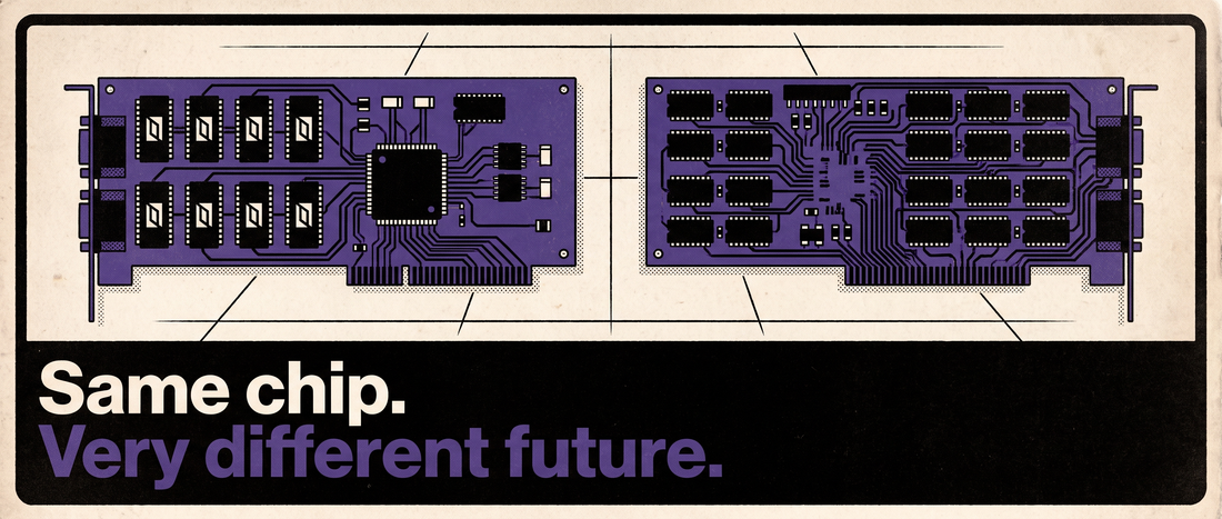 Retro illustration of two identical graphics cards side by side on a workbench