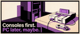 Retro illustration of a game console on a table with a PC tower waiting in shadow behind it