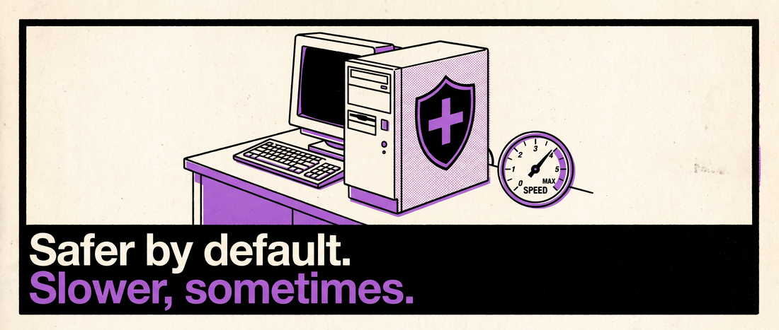 Retro halftone illustration of a desktop PC tower with a shield on its side panel beside a speed gauge