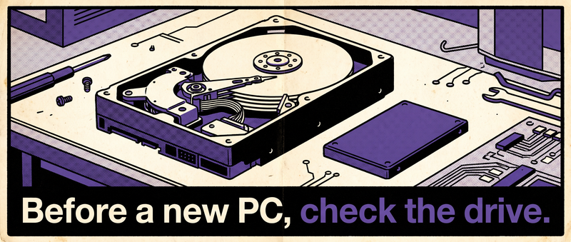 Retro halftone illustration of an opened hard disk drive next to a slim SSD on a workbench