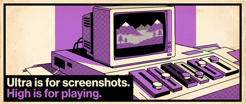 Retro halftone illustration of a boxy monitor showing a foggy landscape with physical sliders in front