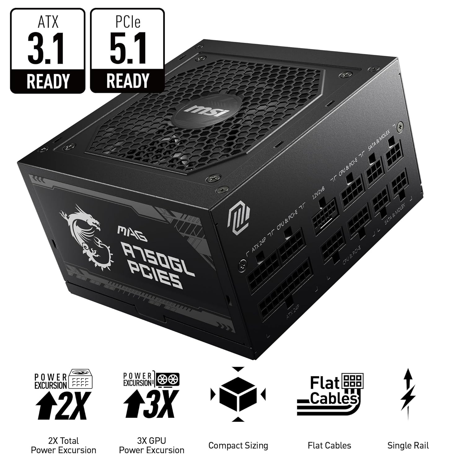 MSI MAG A750GL PCIe 5 Power Supply – 750W 80 Plus Gold ATX 3.1 PSU