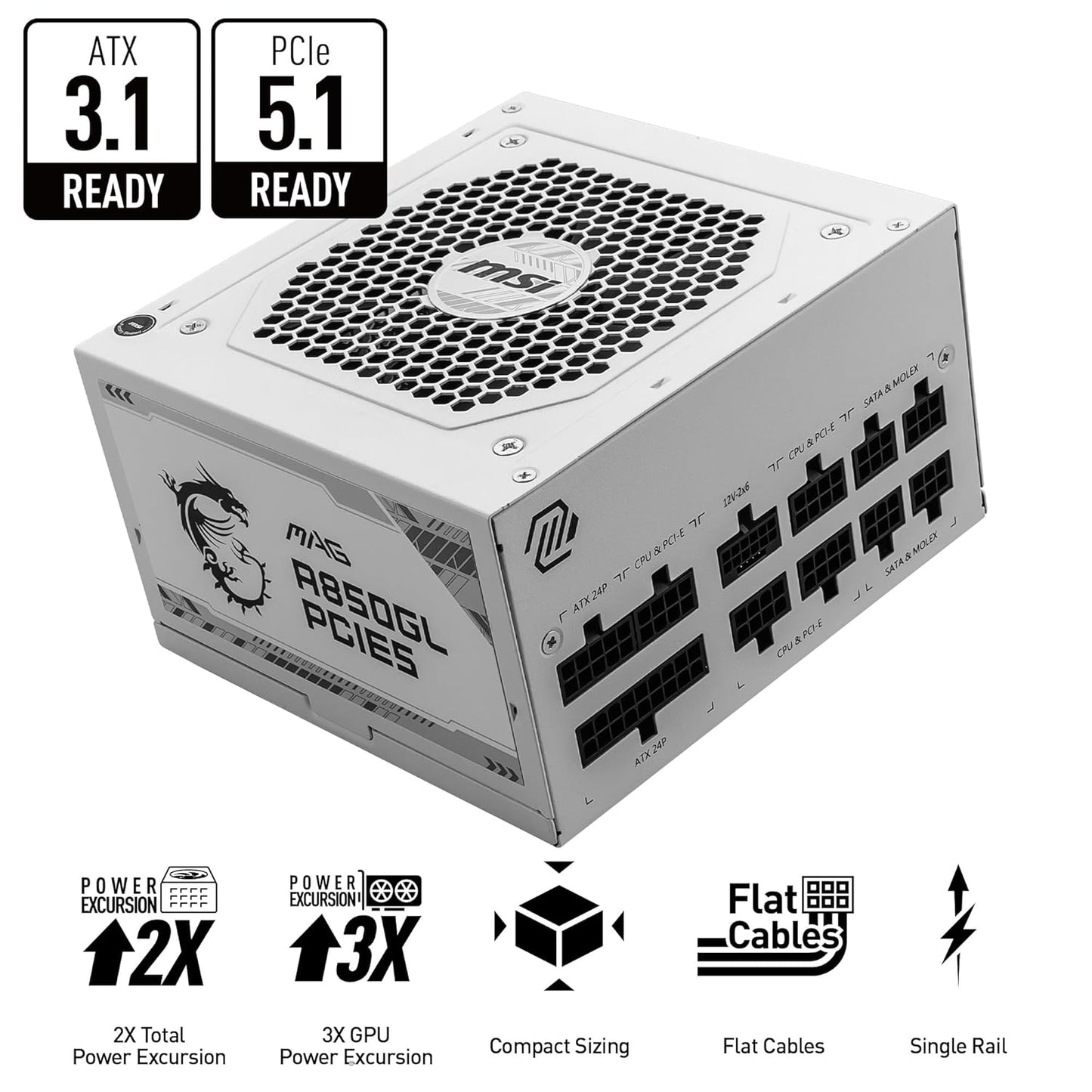 MSI MAG A850GL PCIe 5 White Power Supply – 850W 80 Plus Gold ATX 3.0 PSU