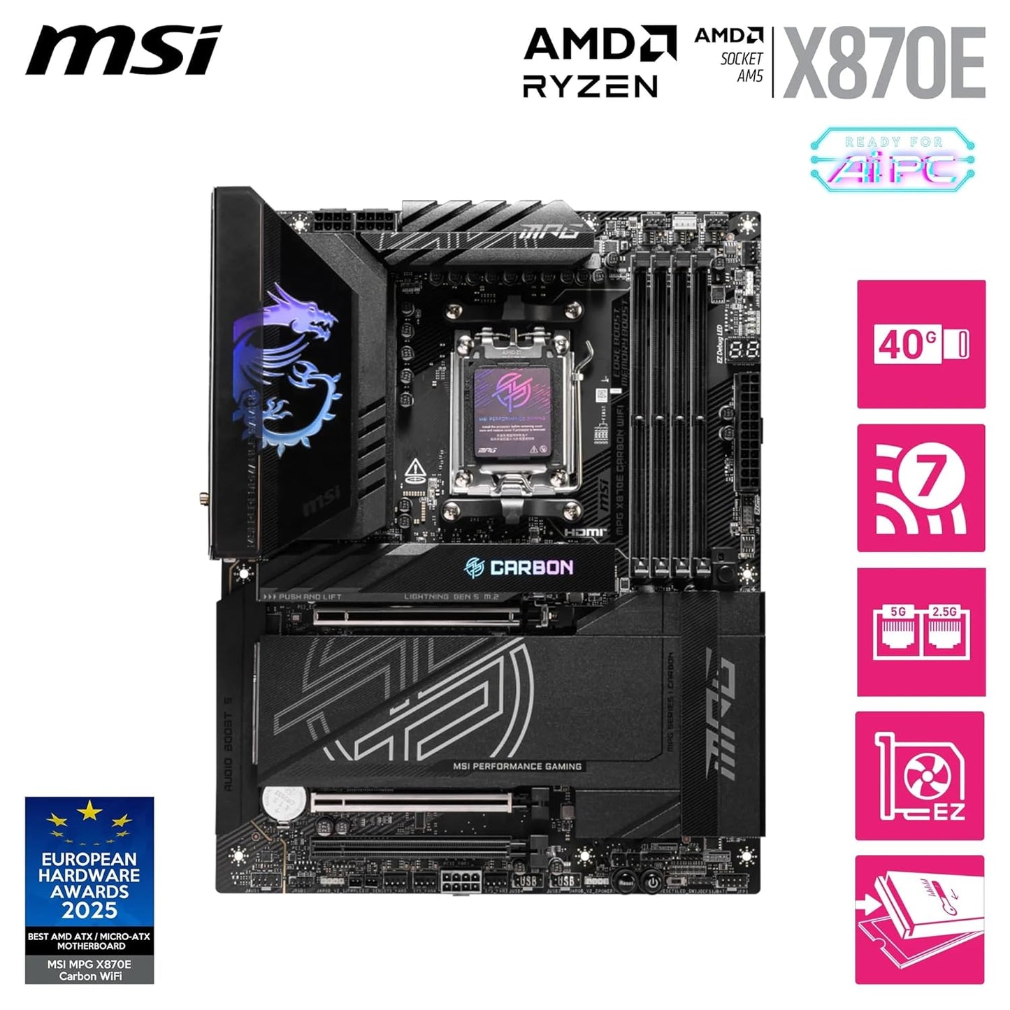 MSI MPG X870E Carbon WiFi Motherboard – ATX | AM5 | DDR5 8400+MHz